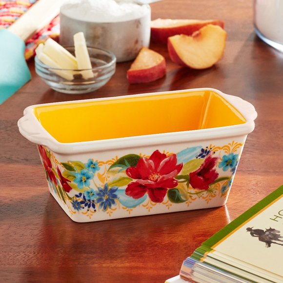 Pioneer Woman Mini Ceramic Loaf Pan Floral Spring Bouquet Yellow Red 5.5in New - Picture 2 of 3